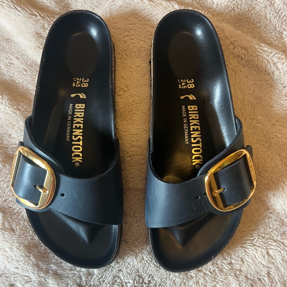 Birkenstock Madrid Big Buckle Navy Blue Slides with Gold Buckle